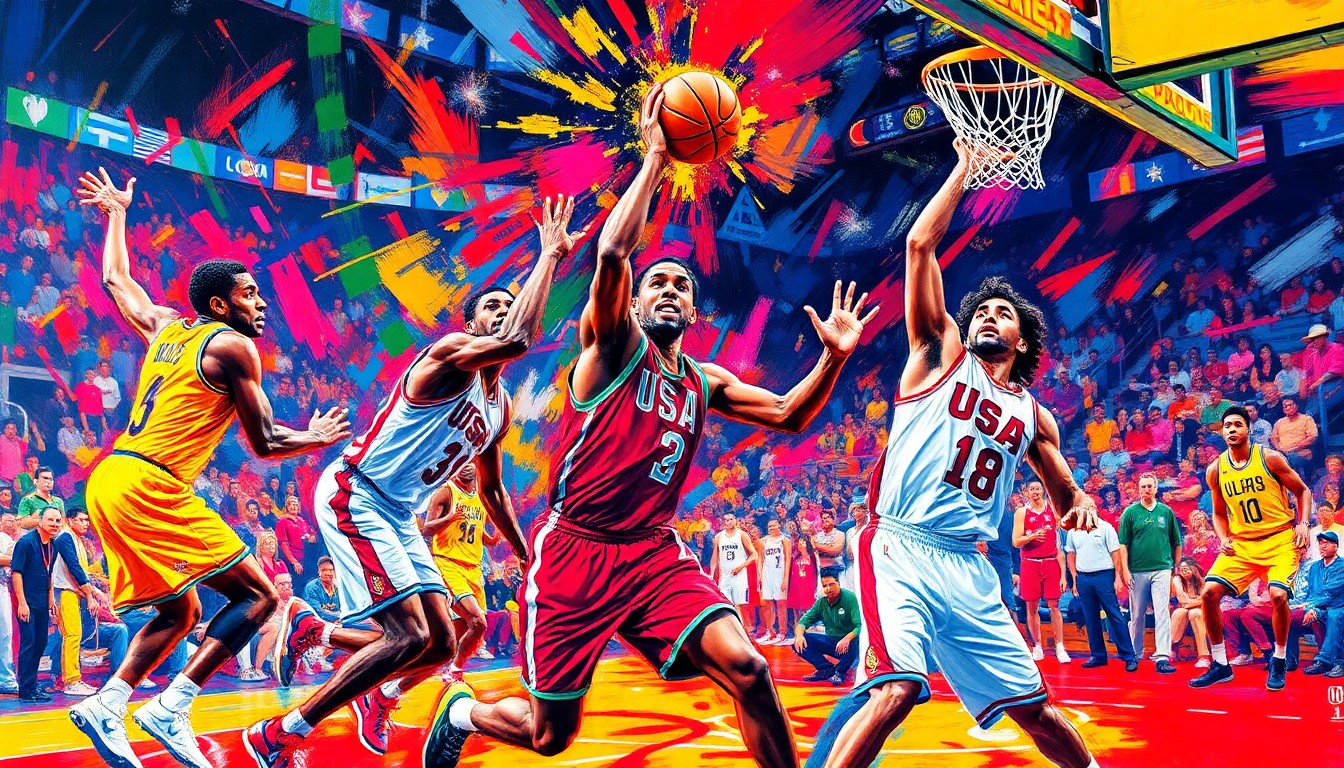 An abstract, energetic painting featuring bold, neon-colored brushstrokes that capture the dynamic movement and intensity of a high-level basketball game.