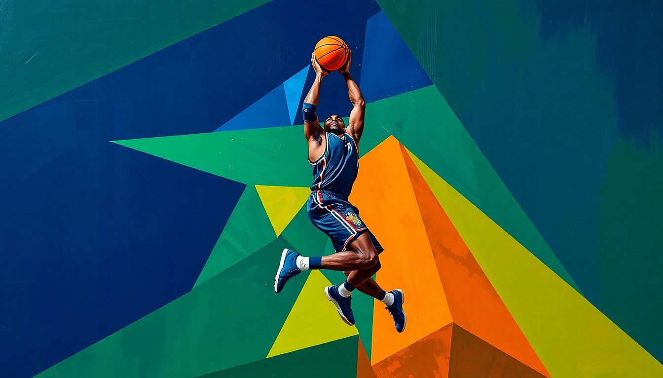 A cubist, geometric painting depicting a basketball player's jump shot broken down into sharp, overlapping planes of navy blue, forest green, and burnt orange, conveying the dynamic energy and rapid rise of Illinois freshman Keaton Wagler.