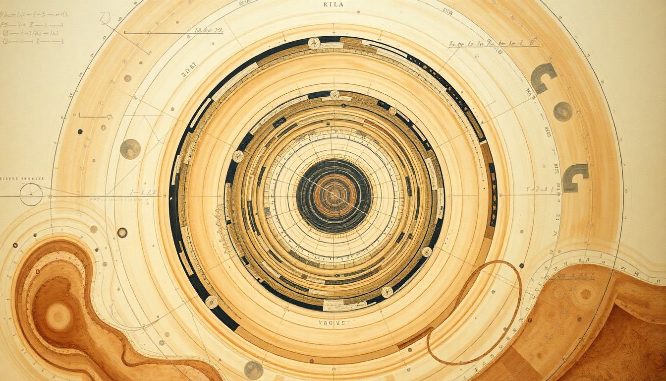 A bold, abstract painting in earthy tones featuring sweeping geometric arcs, concentric circles, and precise spirals, conceptually representing the complex forces and concepts of space exploration.