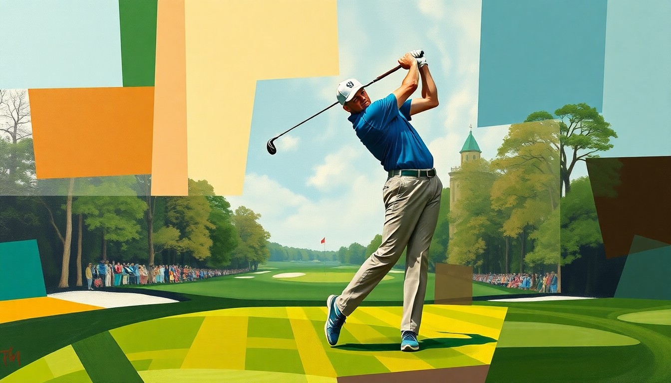 A fragmented, geometric painting depicting Bryson DeChambeau's golf swing and the 11th hole at Augusta National, with sharp, overlapping planes of color and form representing the complexity and challenges of the course.