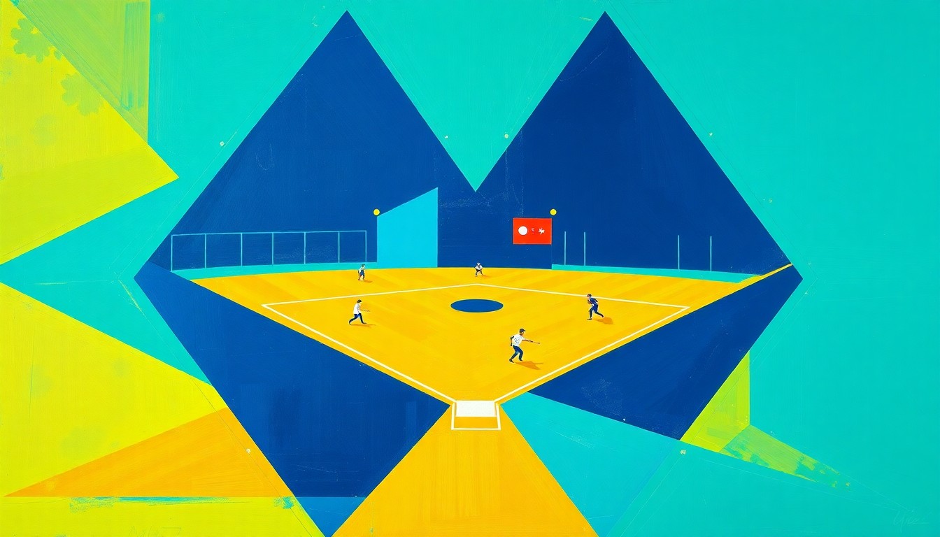 A cubist-style painting featuring overlapping geometric shapes and planes in shades of teal, navy, and yellow, conceptually representing the competitive energy of a college softball game.