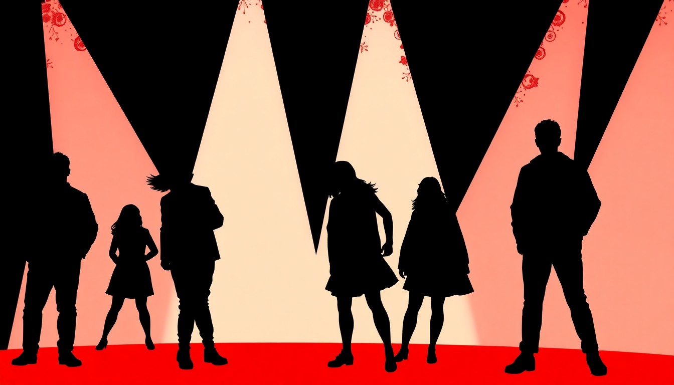 An abstract, minimalist illustration using bold black shapes and high-contrast colors to capture the dramatic energy and themes of a student theater production.