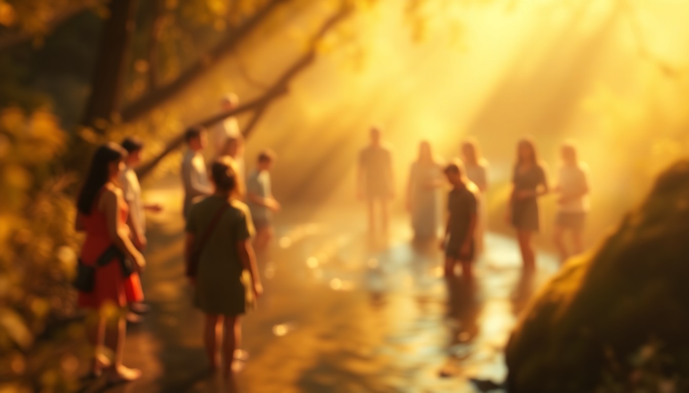 An abstract, out-of-focus photograph depicting a group of people gathered around a natural spring, with the water and surrounding foliage visible in the background. The image is composed of warm, hazy pools of light and color, creating an atmospheric, dreamlike quality that conceptually represents the importance of spring preservation.