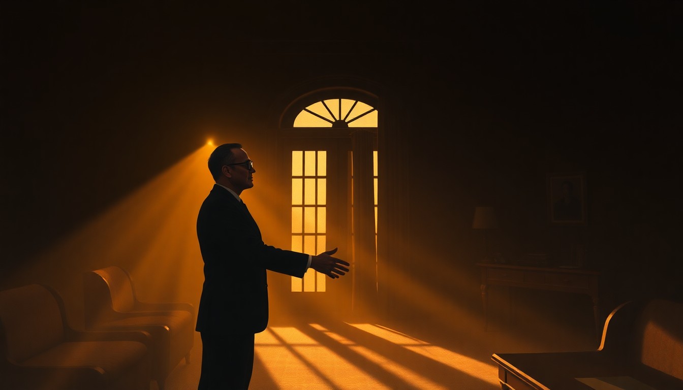 A dimly lit government office with two diplomats shaking hands, the scene bathed in warm, diagonal sunlight and deep shadows, conceptually representing the significance of this diplomatic encounter.