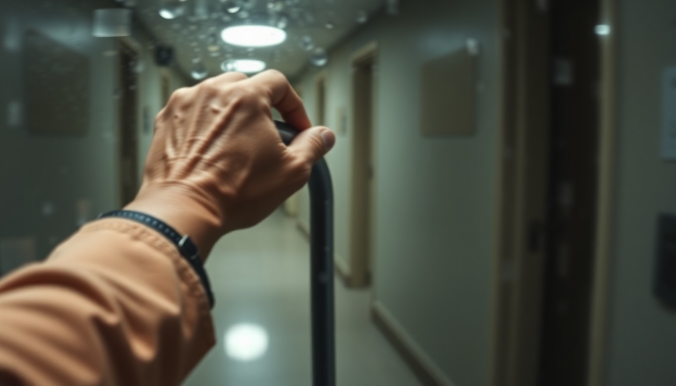 An abstract, out-of-focus image showing an elderly person's hand gripping a walker or cane, conveying the isolation and accessibility challenges faced by residents during an elevator outage in their senior living community.