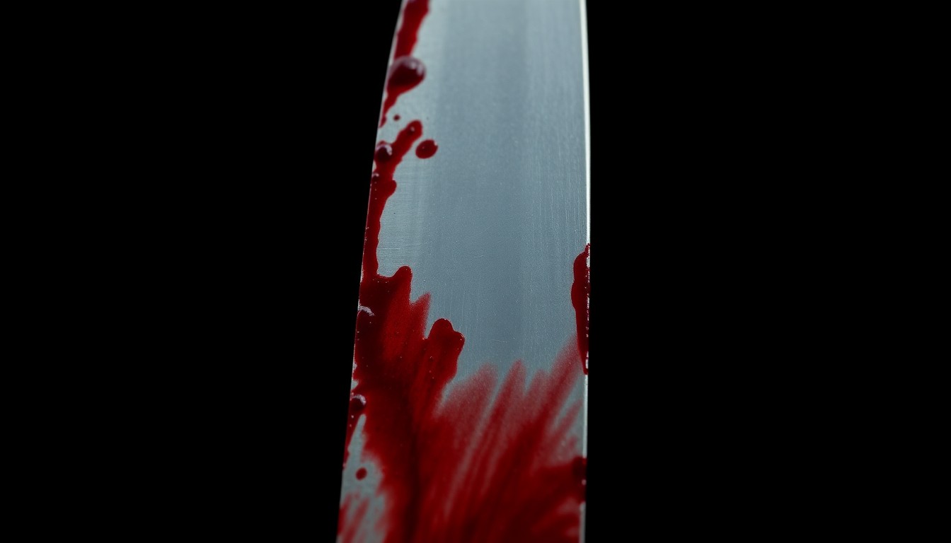 An extreme close-up of a bloodied knife blade against a pitch-black background, conveying the harsh, gritty, and investigative nature of the crime committed at the historic Woodlawn Celestial Gardens Cemetery.