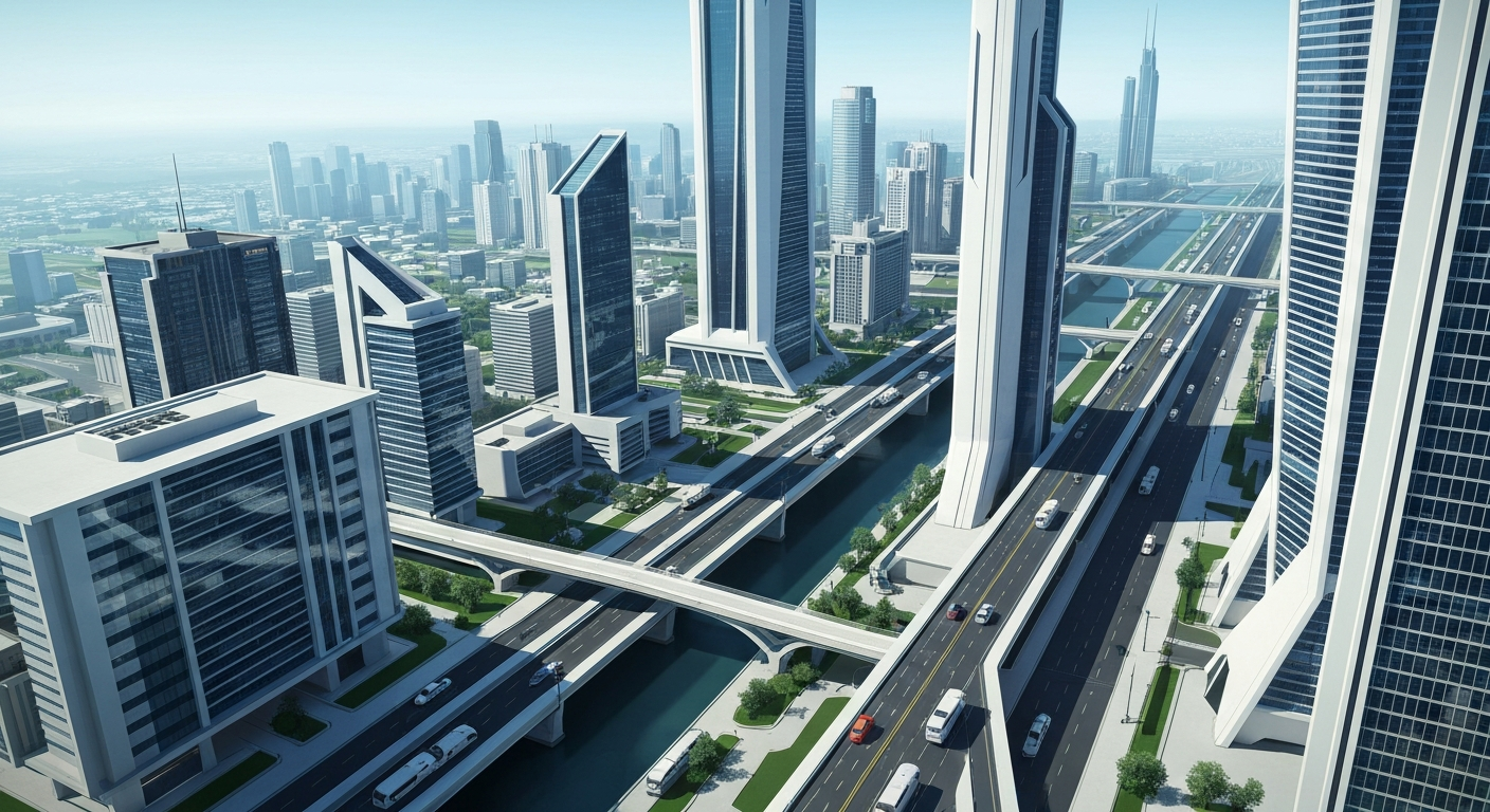 A sweeping, geometric illustration in the Art Deco style, depicting the grand, streamlined forms of an airport terminal without any text or identifiable features.