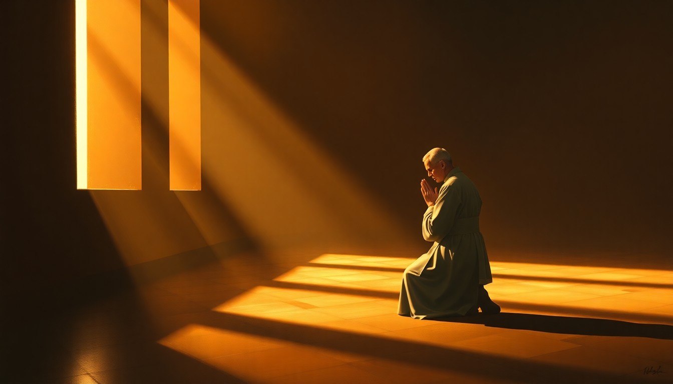 A serene, cinematic painting of a lone Vatican priest kneeling in prayer, the warm light and deep shadows conveying a sense of quiet contemplation and moral purpose.