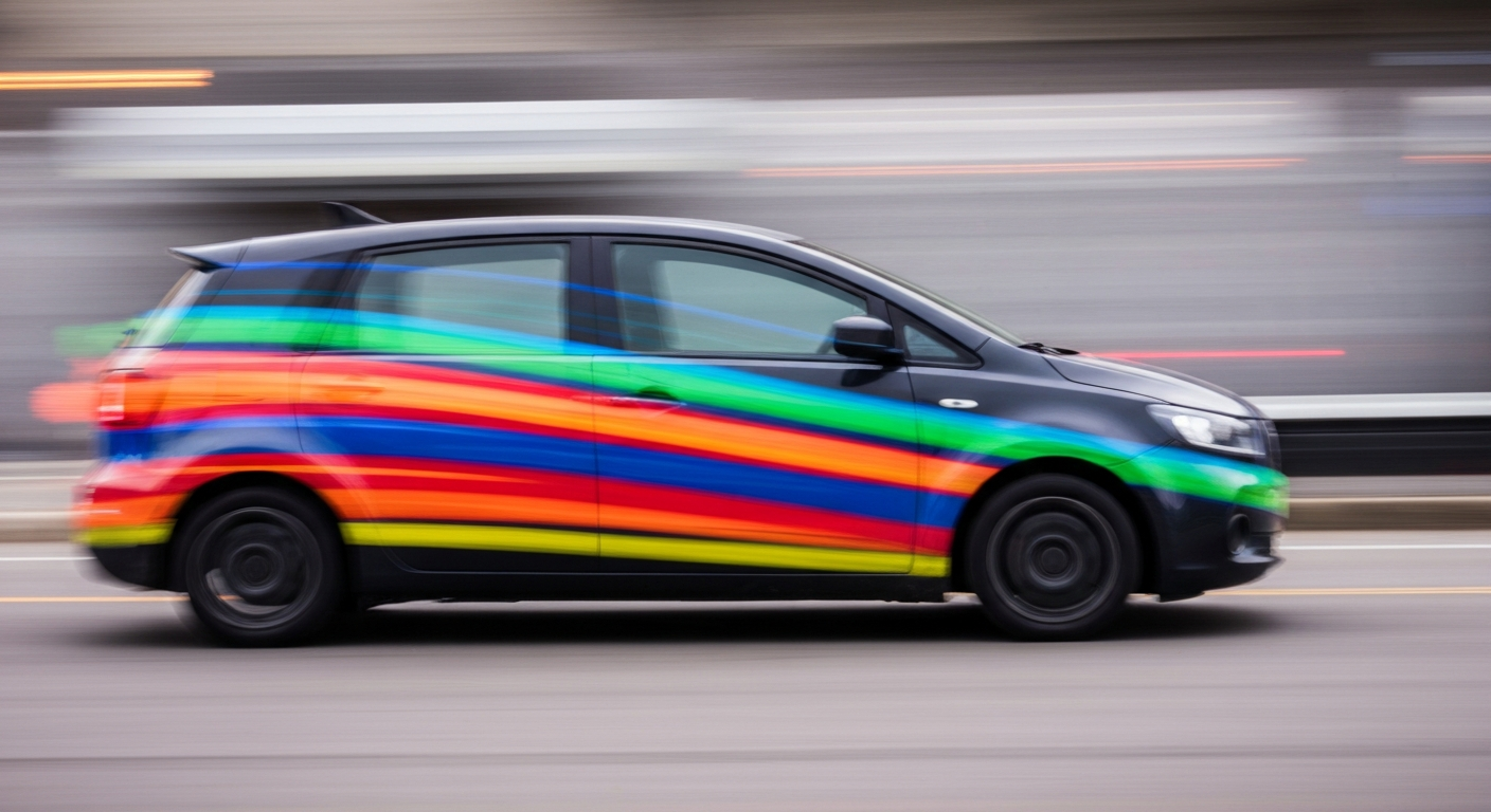 An abstract, blurred image of a Waymo autonomous vehicle in motion, conveying a sense of speed, modern engineering, and the chaos of vandalism.