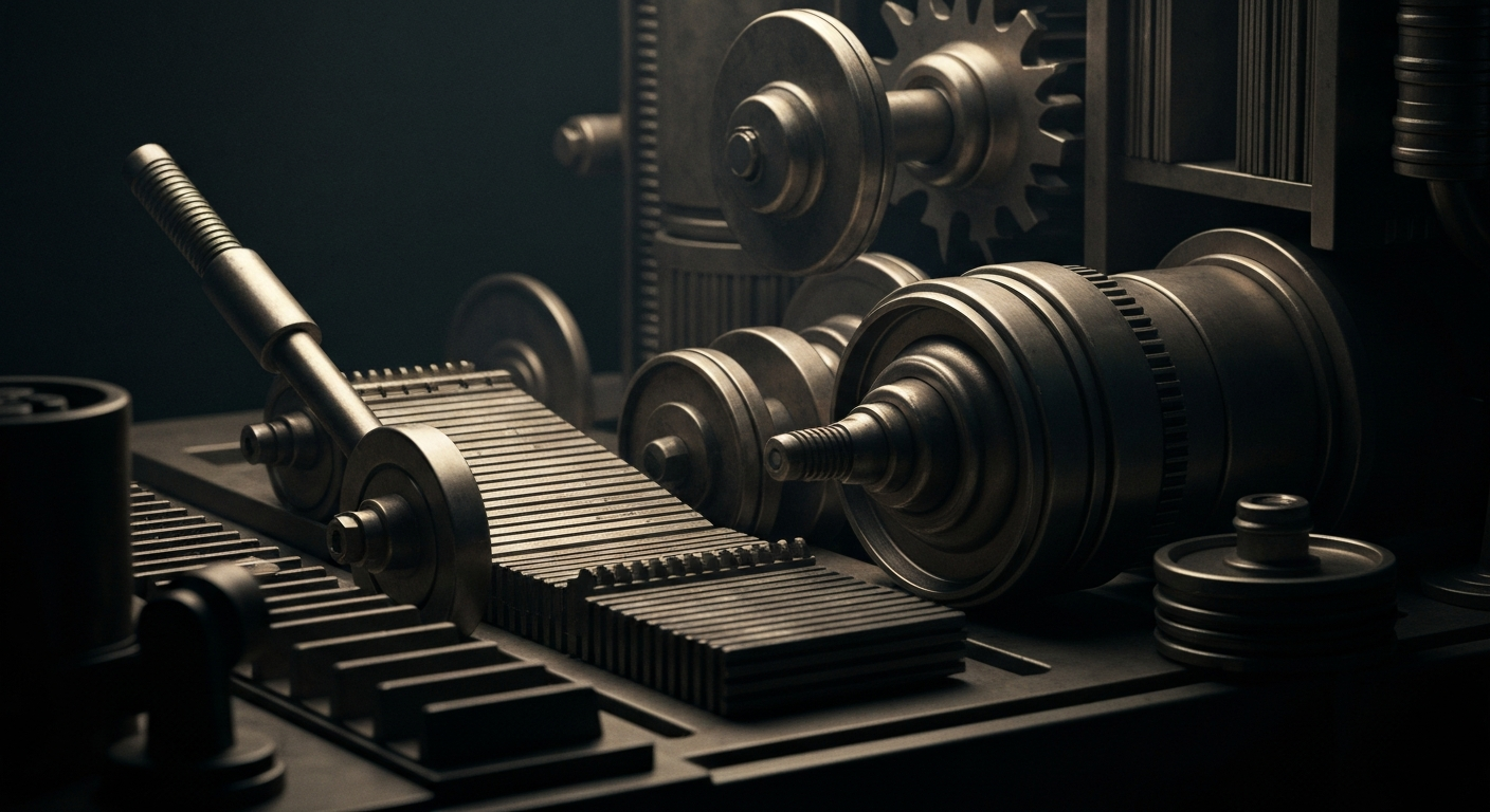 A dramatic, high-contrast close-up of gears, levers, and other heavy industrial banking equipment, conveying the complex, powerful machinery of the financial system.