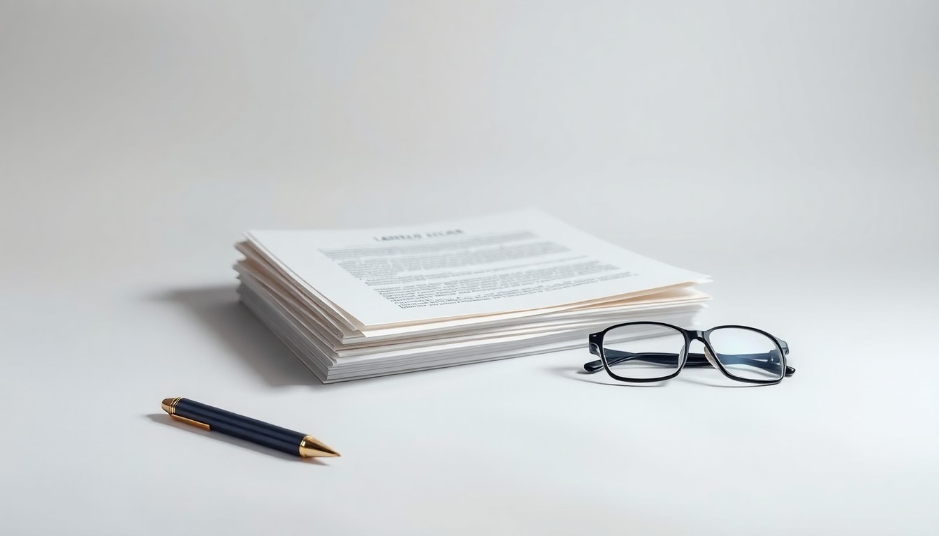 A minimalist studio still life photograph featuring a stack of legal documents, a pen, and a pair of reading glasses arranged on a clean white background, conveying the abstract concepts of corporate strategy, finance, and legal risk.