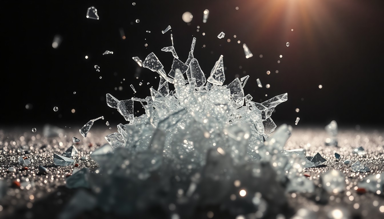 An abstract close-up image featuring shattered glass and glittering sequins, captured in dramatic, high-contrast studio lighting to convey the complex interplay between an actor's on-screen persona and their real-life experiences.
