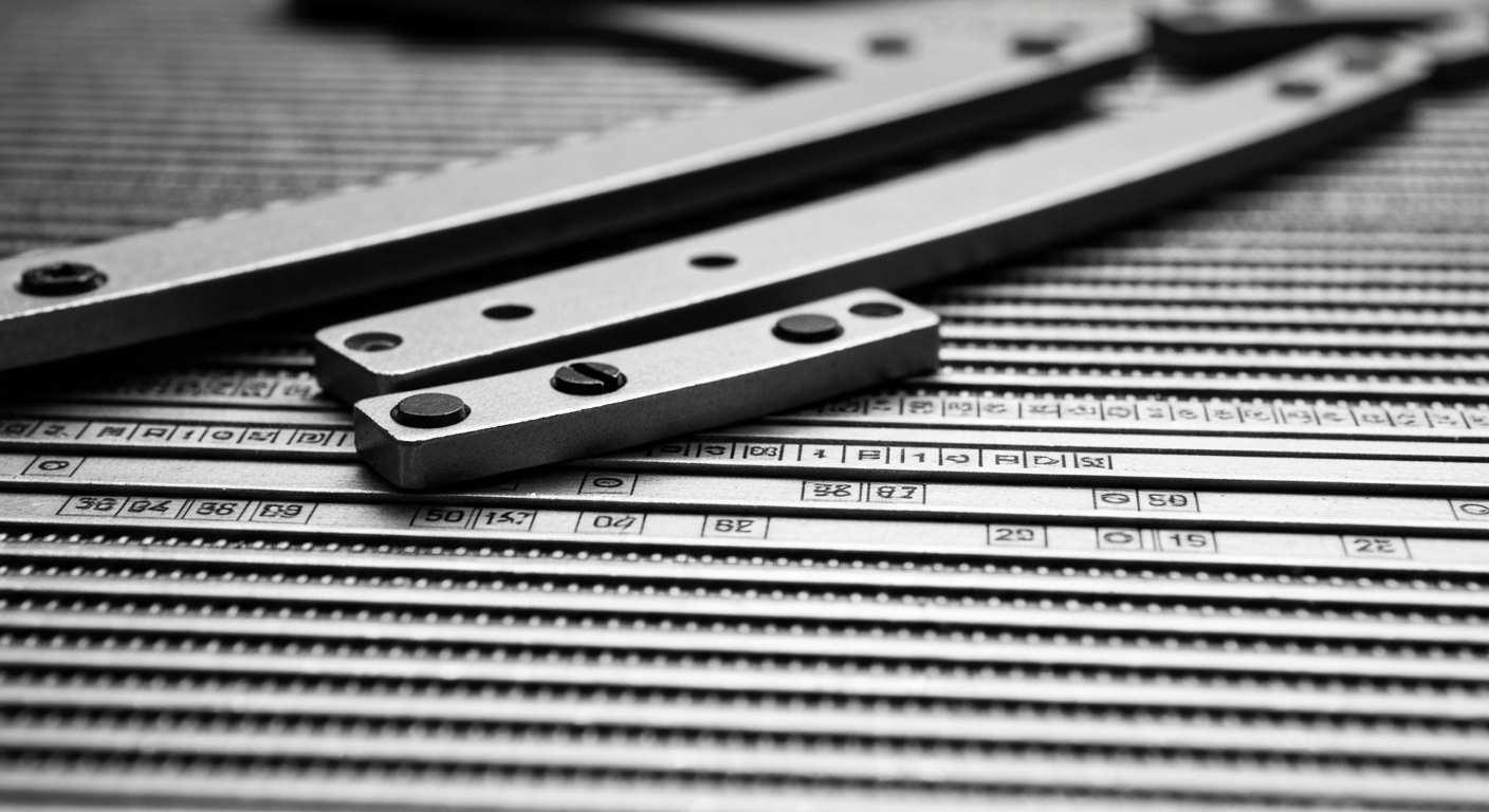 A high-contrast black and white close-up photograph of complex financial machinery, conveying the heavy, industrial nature of banking and finance without using any literal currency or stock market imagery.