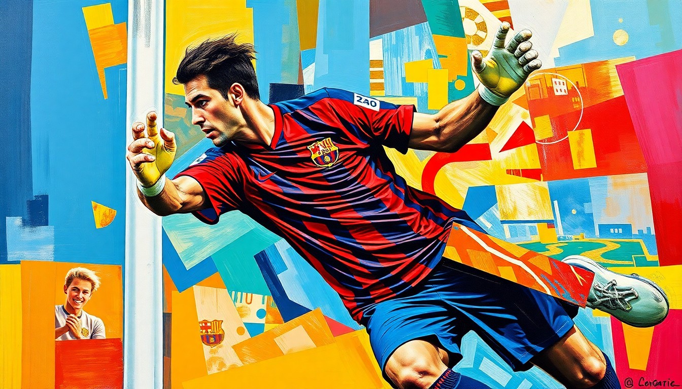 A cubist-style painting depicting a soccer goalkeeper in action, with their body and movements broken down into sharp, overlapping geometric shapes and planes in vibrant colors.