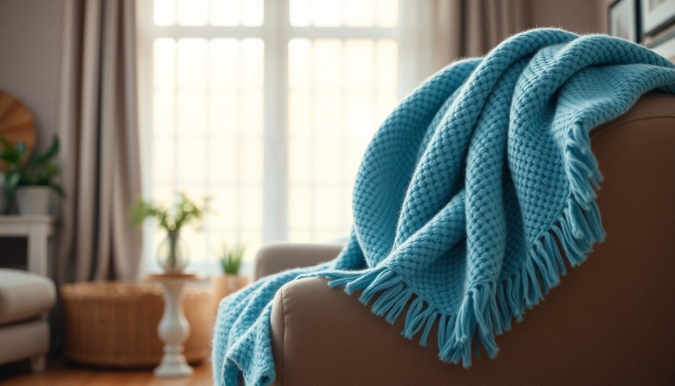 An extremely abstracted, out-of-focus photograph of a living room scene, with a cornflower blue throw blanket draped over a chair. The room is bathed in warm, hazy light, creating a serene and inviting atmosphere.