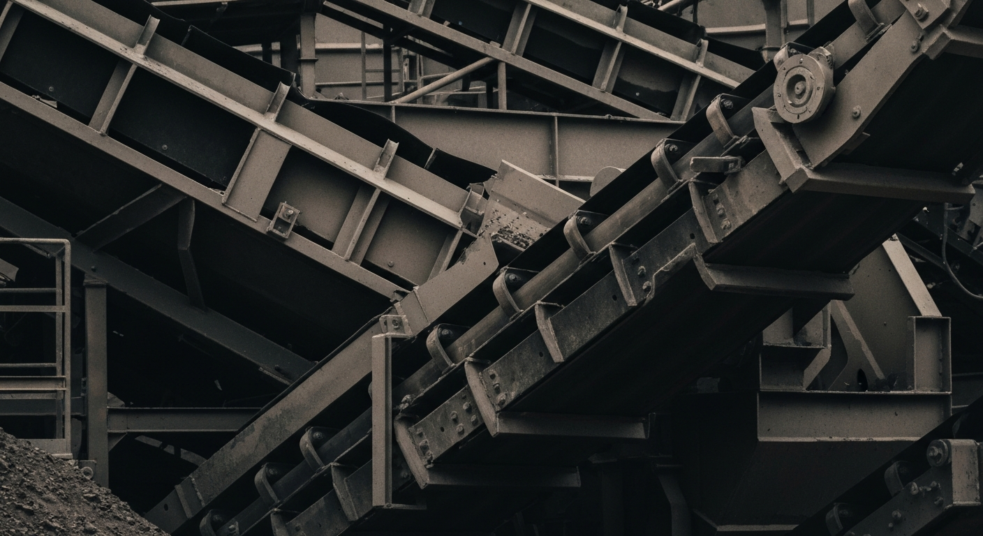 An extreme close-up of heavy, industrial machinery and equipment used in the production of construction materials, conveying a sense of the scale, power, and technical complexity of Knife River's operations.