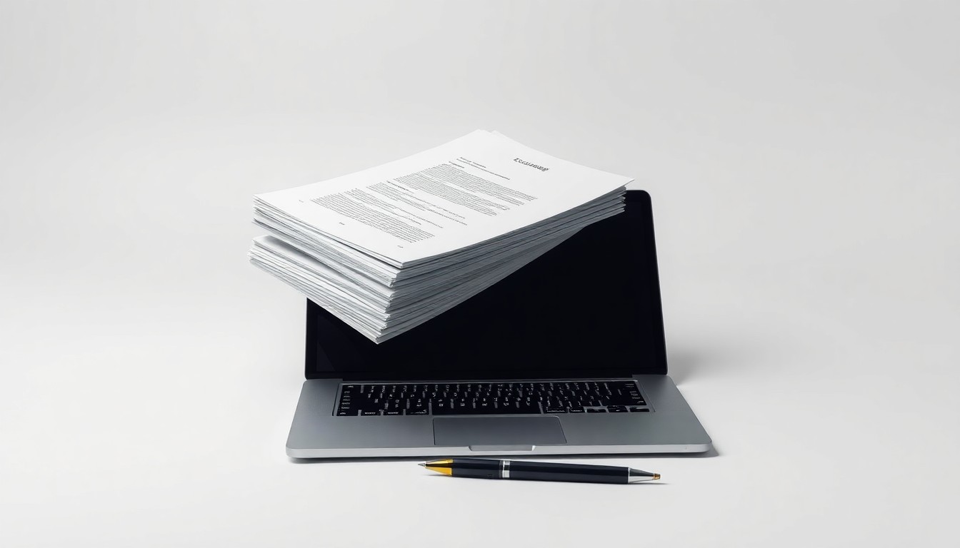 A high-end, photorealistic studio still-life featuring a stack of business documents, a laptop, and a pen on a clean, monochromatic background, symbolizing the data intelligence and software services that ZoomInfo provides to its enterprise clients.