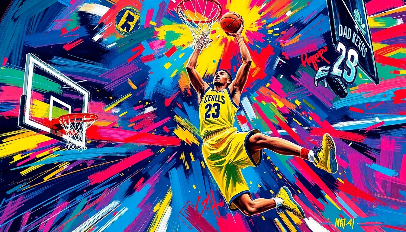 An abstract, energetic painting with bold, neon-colored brushstrokes depicting the dynamic movements of a basketball player driving towards the hoop, capturing the raw athleticism and excitement of Zia Cooke's WNBA career.