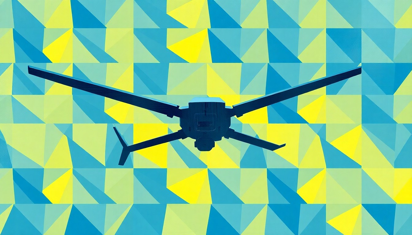 A dynamic, abstract painting depicting a Ukrainian drone in flight, with overlapping geometric shapes and brushstrokes in shades of blue, yellow, and grey, conveying the fractured, high-speed nature of modern warfare.