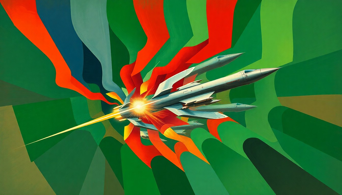 A highly textured, abstract painting depicting a missile or drone in motion, with overlapping, fractured geometric shapes in shades of red, orange, and grey, conveying a sense of speed and instability.