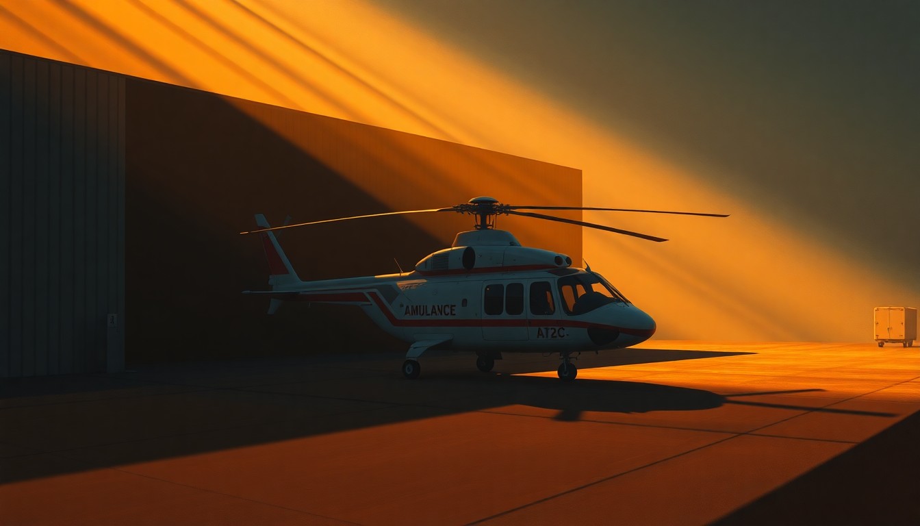 A serene, photorealistic painting depicting an air ambulance helicopter parked outside a hangar, with the warm glow of the sun casting long shadows across the scene, conveying a sense of tension and the need to prioritize the functionality of emergency response equipment.