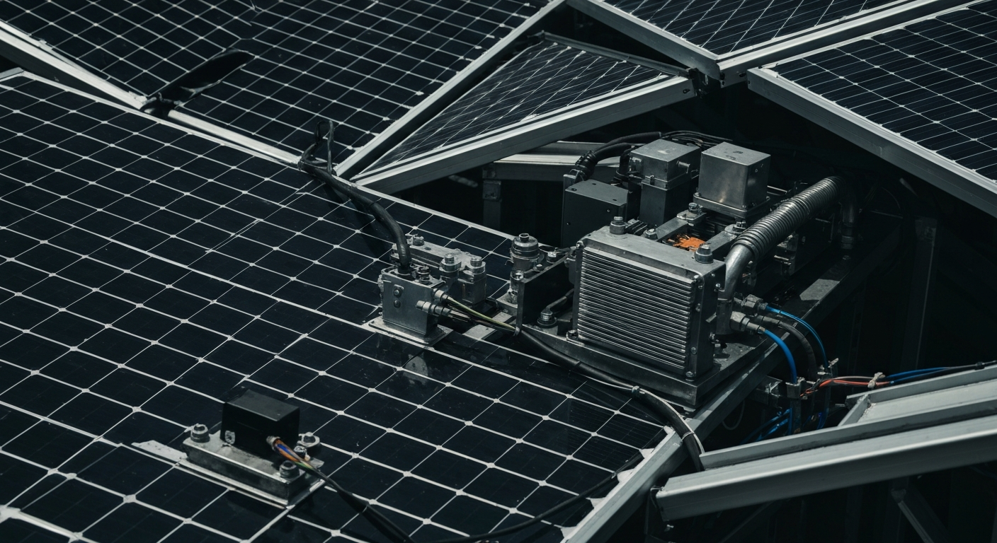 An extreme close-up of the heavy, industrial machinery and components that make up the electrical balance-of-system for a solar power installation, captured in a high-contrast, cinematic style that emphasizes the physical scale and technical complexity of this critical renewable energy infrastructure.