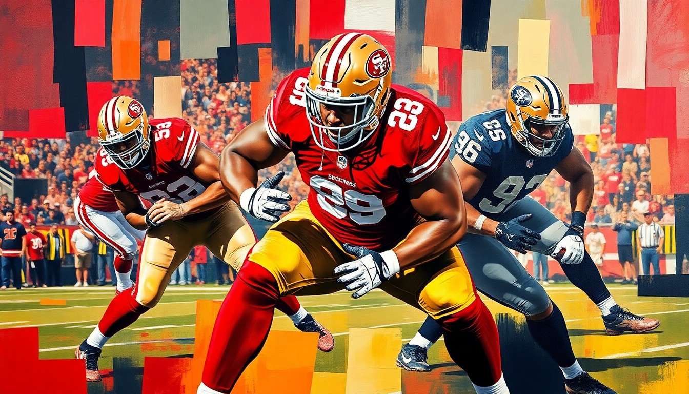 A cubist, geometric painting depicting a defensive lineman's movements and positioning on the field, with sharp, overlapping planes in the primary colors of the San Francisco 49ers.