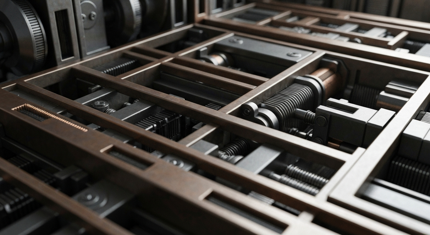 An extreme close-up of the gears, levers, and circuitry of a complex banking machine, conveying the intricate mechanics that power the financial industry.