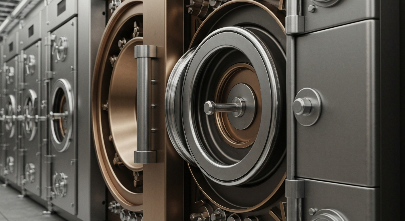 An extreme close-up of heavy, textured banking equipment and vaults in muted metallic tones, conveying the solid, institutional nature of Hancock Whitney's regional banking operations.