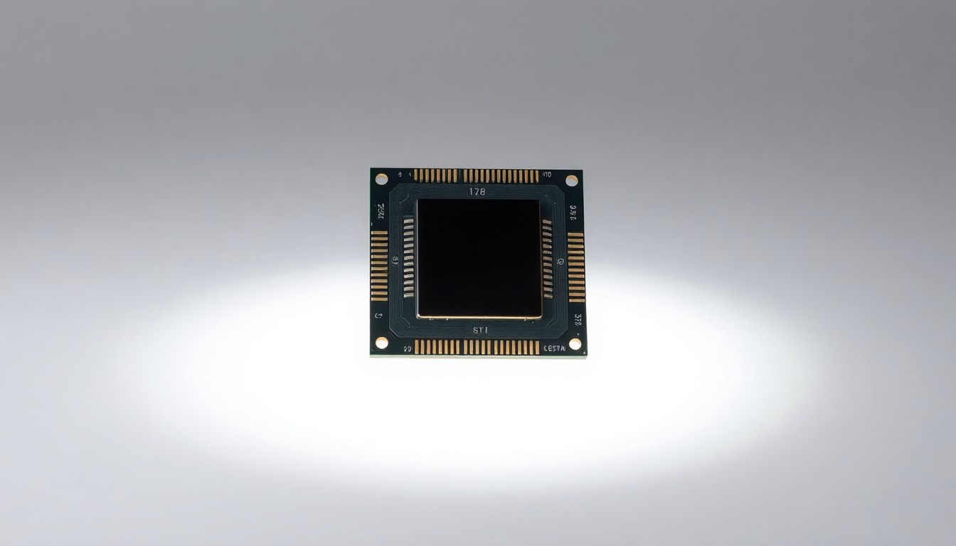 A photorealistic studio still life of a sleek, angular semiconductor chip in a polished metal casing, floating on a clean white background and illuminated by dramatic studio lighting to symbolize the advanced technology powering the automotive industry.