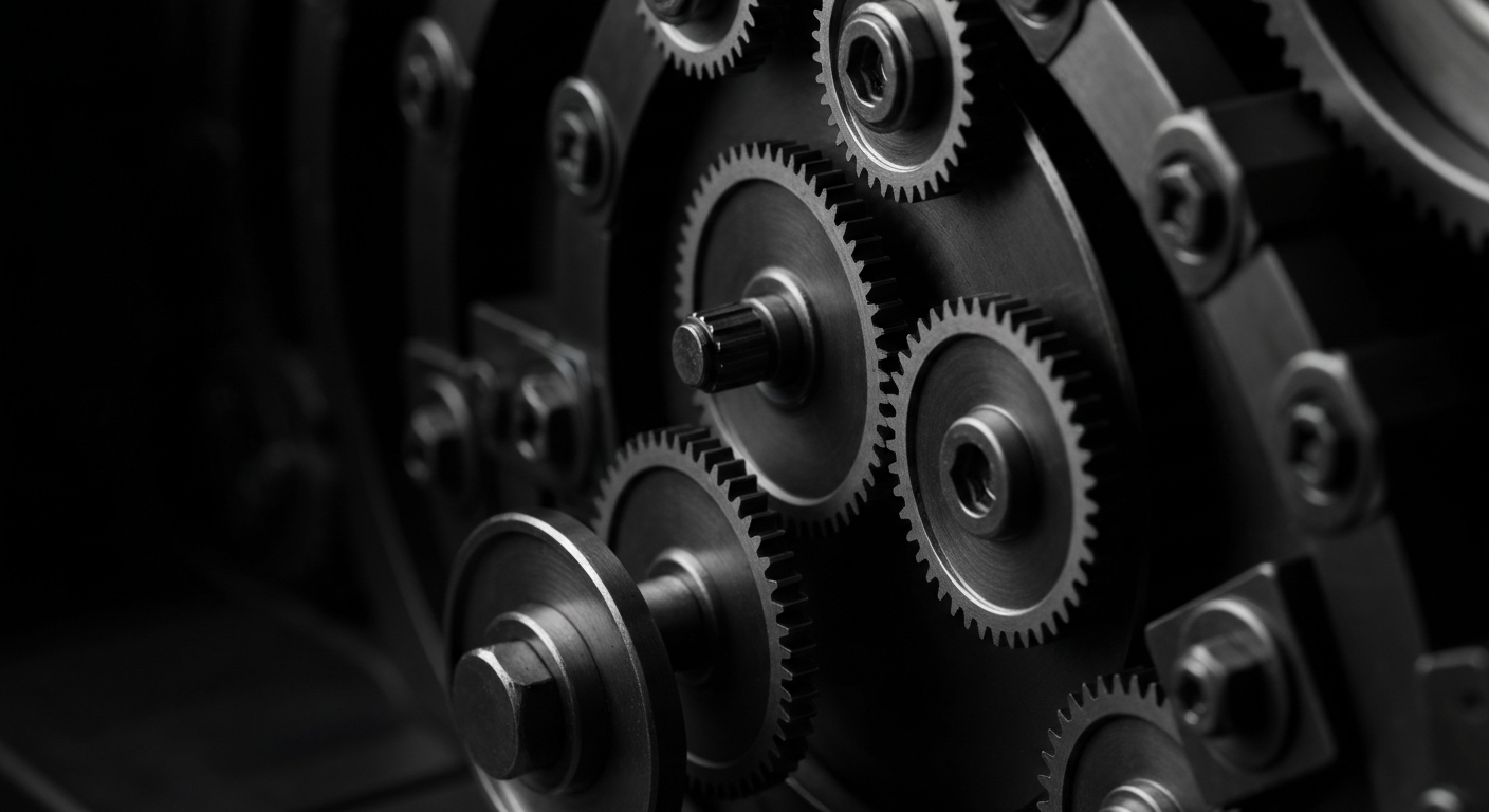 An extreme close-up of a complex array of metal gears, cogs, and mechanical components, conveying the intricate and powerful nature of the financial industry's infrastructure and technology.