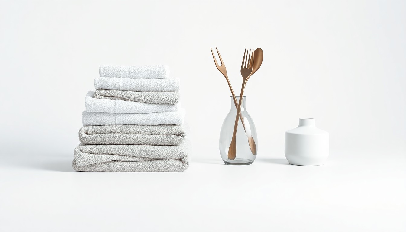 A high-end, photorealistic studio still-life photograph featuring a stack of neatly folded towels, a set of kitchen utensils, and a single decorative vase, all arranged elegantly on a clean, white seamless background, conceptually representing the abstract concepts of corporate strategy, finance, and market trends in the home goods retail industry.
