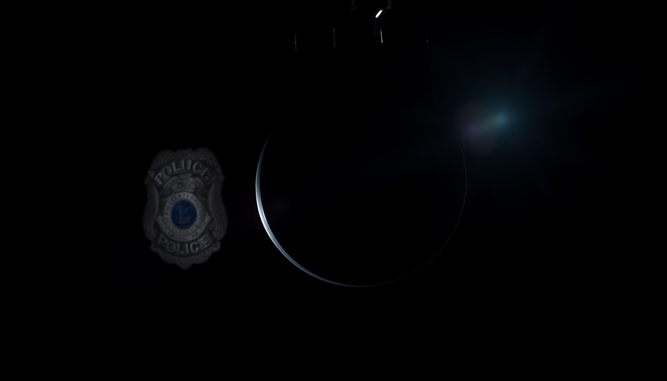 An extreme close-up photograph of a police badge or handcuffs lit by a harsh, direct camera flash against a pitch-black background, conceptually representing the stark, gritty, and investigative nature of this incident.