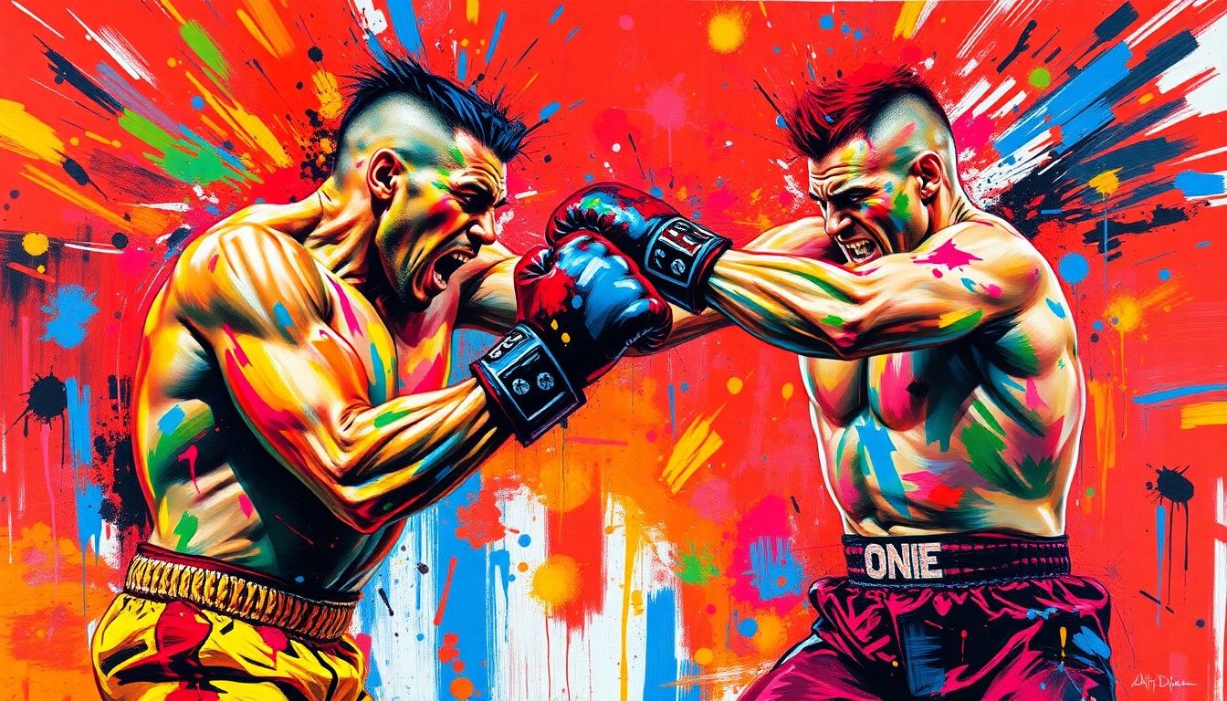 An abstract, expressionist painting in vibrant neon colors depicting the intense, visceral action of a bare-knuckle fight, with the fighters' identities obscured by the energetic brushstrokes.