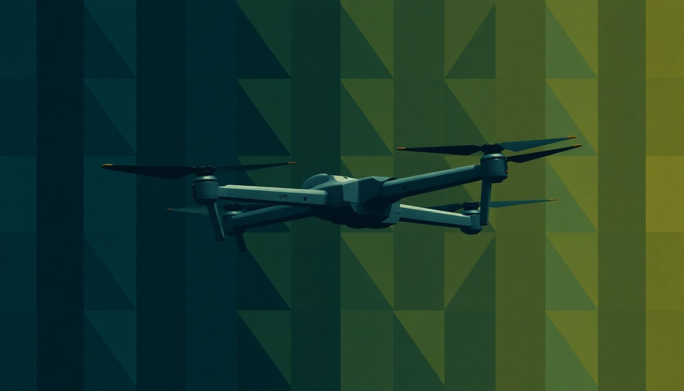 A dynamic, abstract painting featuring overlapping, geometric shapes in shades of blue, green, and orange, conceptually representing the fractured, high-speed motion of a Ukrainian drone in flight.