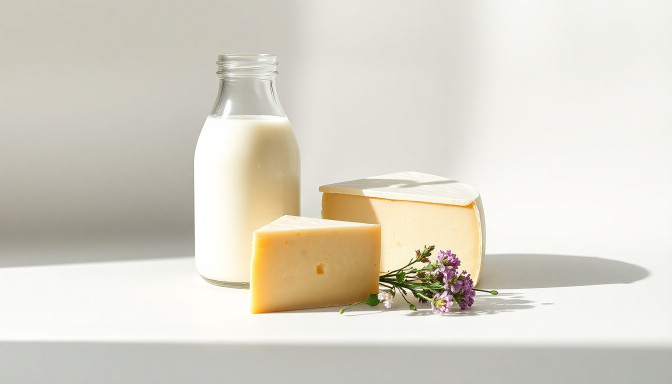 A photorealistic studio still-life photograph featuring a glass milk bottle, a wedge of artisanal cheese, and a handful of fresh wildflowers arranged elegantly on a clean, monochromatic background, conceptually representing the importance of organic dairy farming to local food security and rural livelihoods.