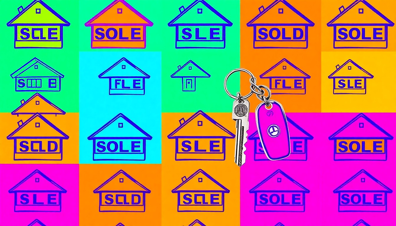 A high-contrast, silkscreen-style illustration featuring a repeated grid of stylized home keys in neon pink, yellow, and blue, conveying the concept of first-time homeownership through a modern, abstract visual metaphor.