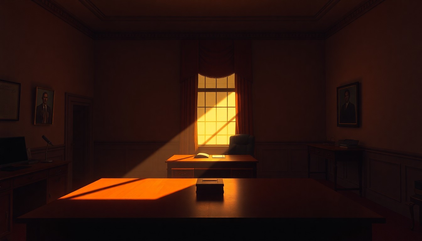 A dimly lit office scene with a politician's desk bathed in warm, diagonal sunlight and deep shadows, conveying a sense of quiet contemplation and the disconnect between political rhetoric and policy actions.