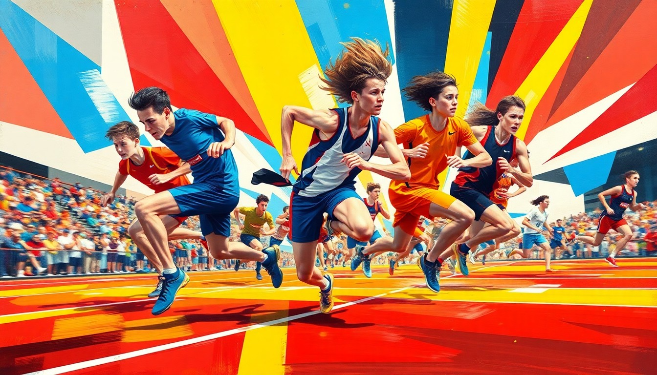 A cubist, geometric painting depicting the explosive motion and energy of a high school track and field competition, with overlapping planes of vibrant red, blue, and yellow colors.