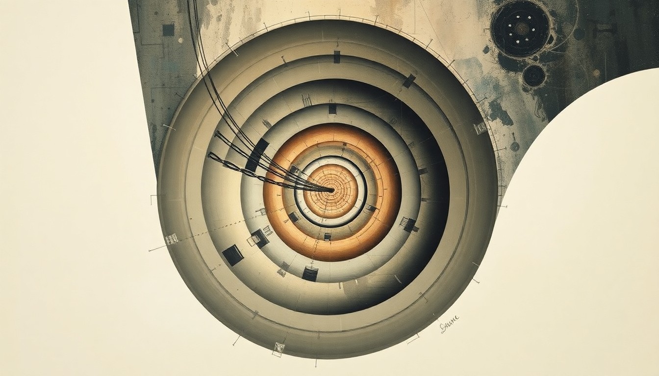 A bold, geometric abstract painting in muted earth tones, depicting a complex system of interconnected shapes and spirals that represent the various forces and elements that determine a building's lifespan.