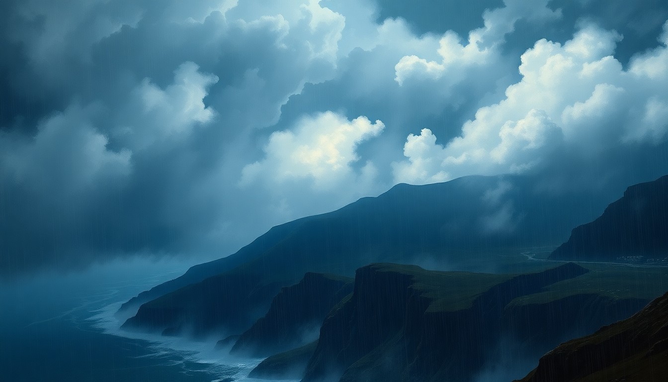 A vast, atmospheric landscape painting in muted tones of gray, blue, and green, depicting a stormy, rain-swept scene over a mountainous coastal region. The composition uses deep perspective and dramatic lighting to convey the overwhelming scale and sublime power of the natural world, with any physical structures or objects barely visible and dwarfed by the weather conditions.