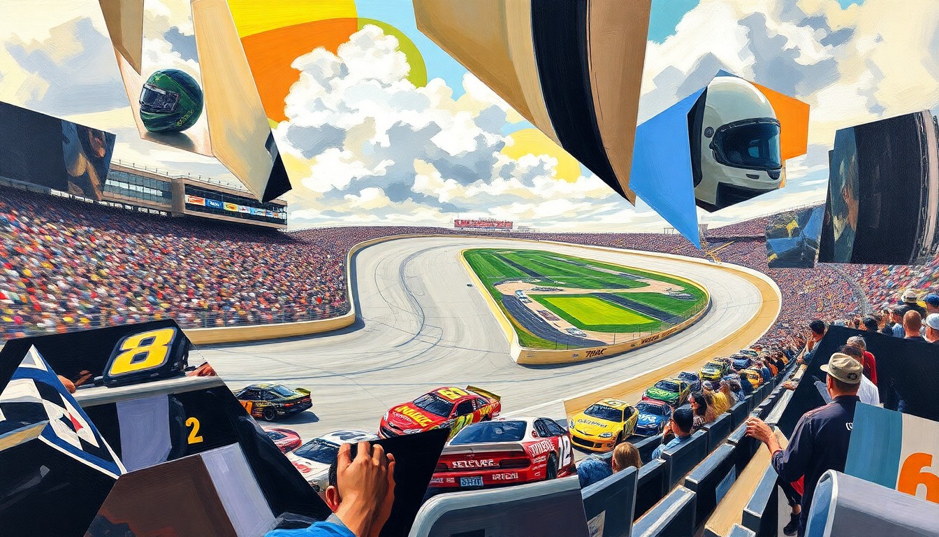 A cubist, geometric painting depicting a NASCAR race at Bristol Motor Speedway, with cars and the track broken down into sharp, overlapping planes of color and motion, capturing the intense physicality of the sport.