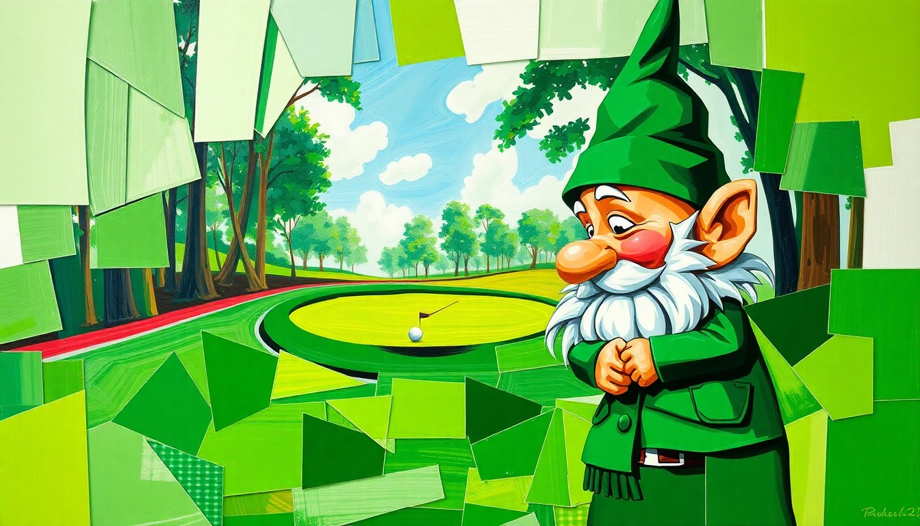 A cubist, geometric painting depicting a fragmented scene of a Masters Tournament golf course and a green-clad garden gnome, rendered in vibrant shades of green, white, and red.