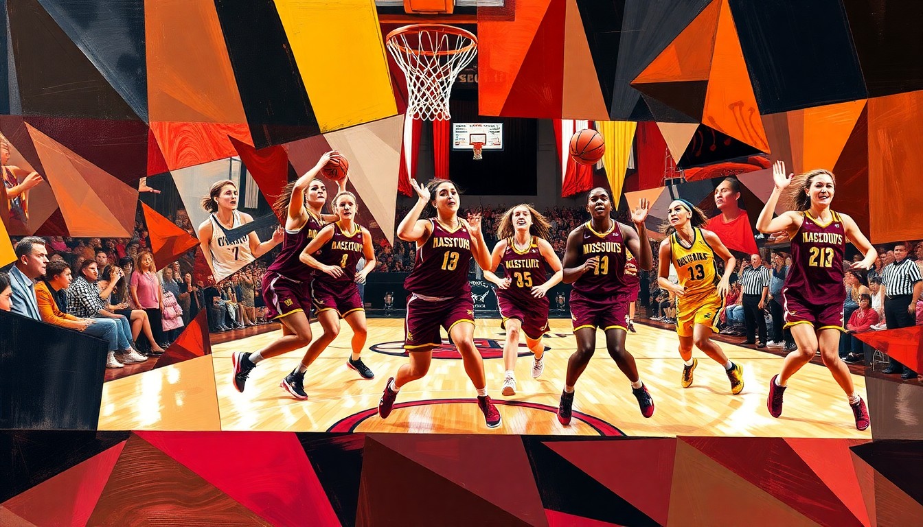 A fractured, geometric painting in bold colors depicting the fluid movements and teamwork of a women's basketball game, conceptually representing the versatility and winning pedigree that transfer Macie Mays will add to the Missouri State Lady Bears.