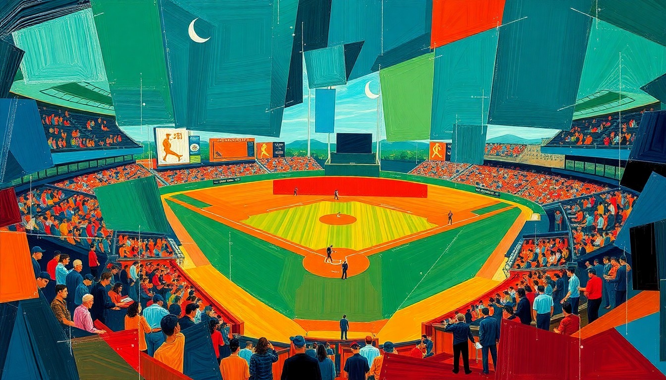 A fragmented, geometric painting depicting the dynamic motion and energy of a college baseball game, with sharp planes of color and overlapping shapes representing the ebb and flow of the action.