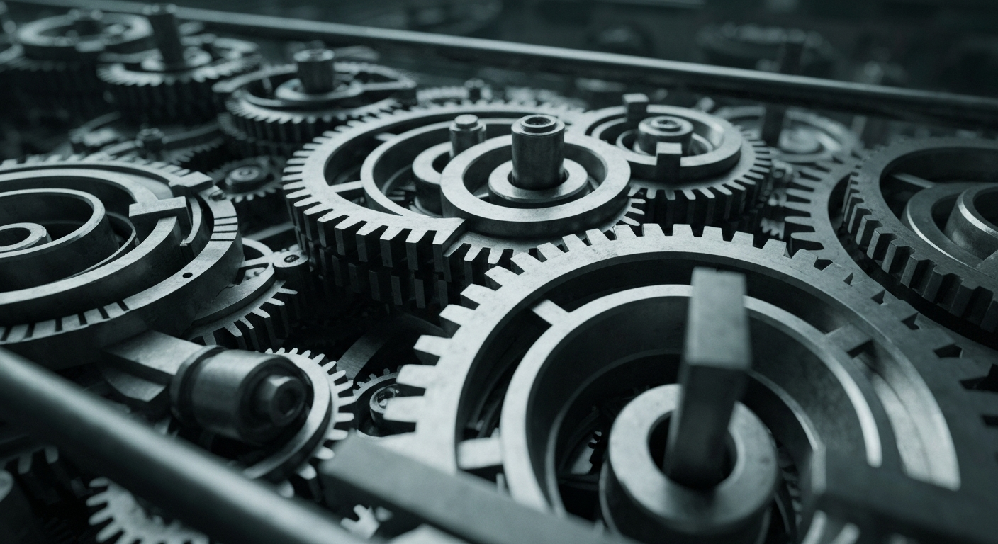 An extreme close-up of the gears, circuits, and mechanisms of a high-tech financial trading system, rendered in a moody, industrial style that conceptually represents the power and complexity of modern finance.