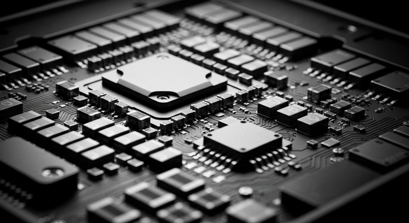 A high-contrast, black-and-white close-up image of the intricate inner workings of an Intel computer chip, conveying a sense of the power, complexity, and precision of the company's semiconductor technology.
