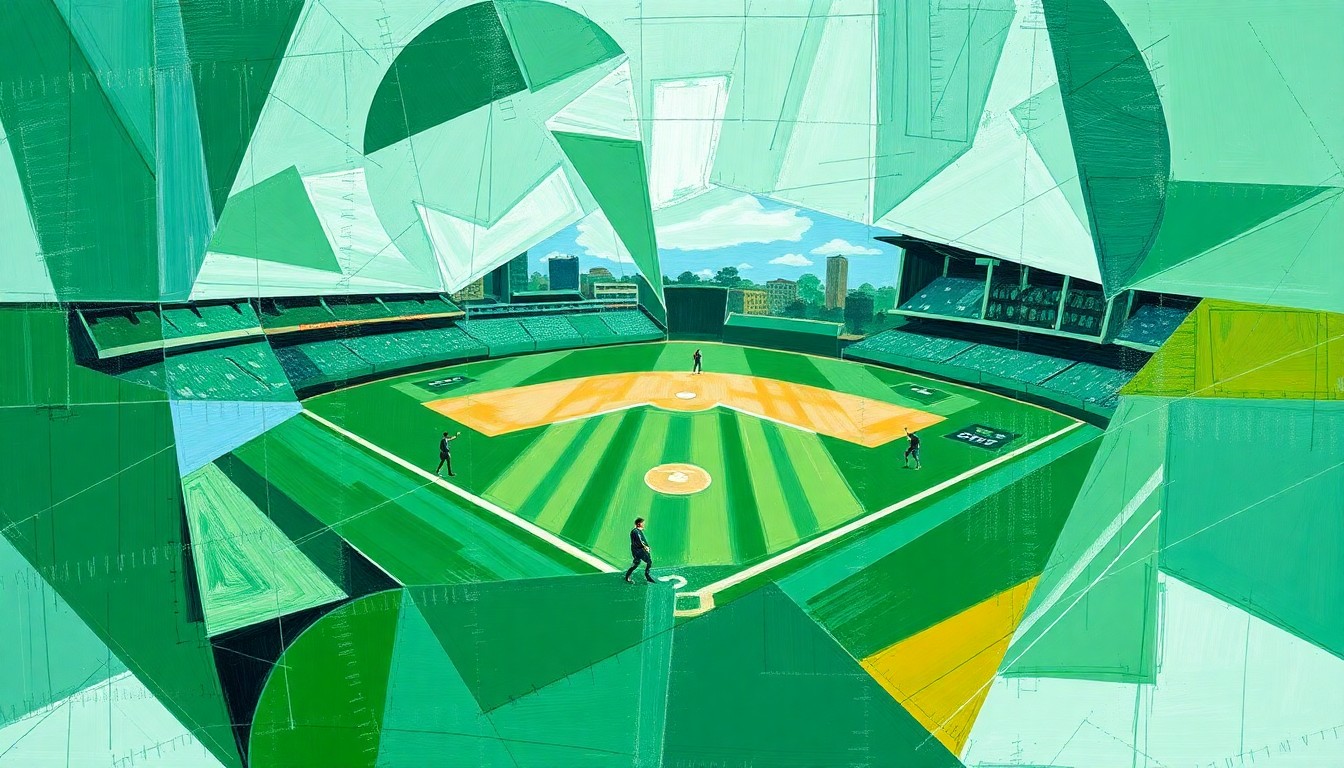 A cubist, geometric painting depicting a fractured, multi-angled view of a softball game, with sharp planes of green, blue, and white representing the field, players, and rain.