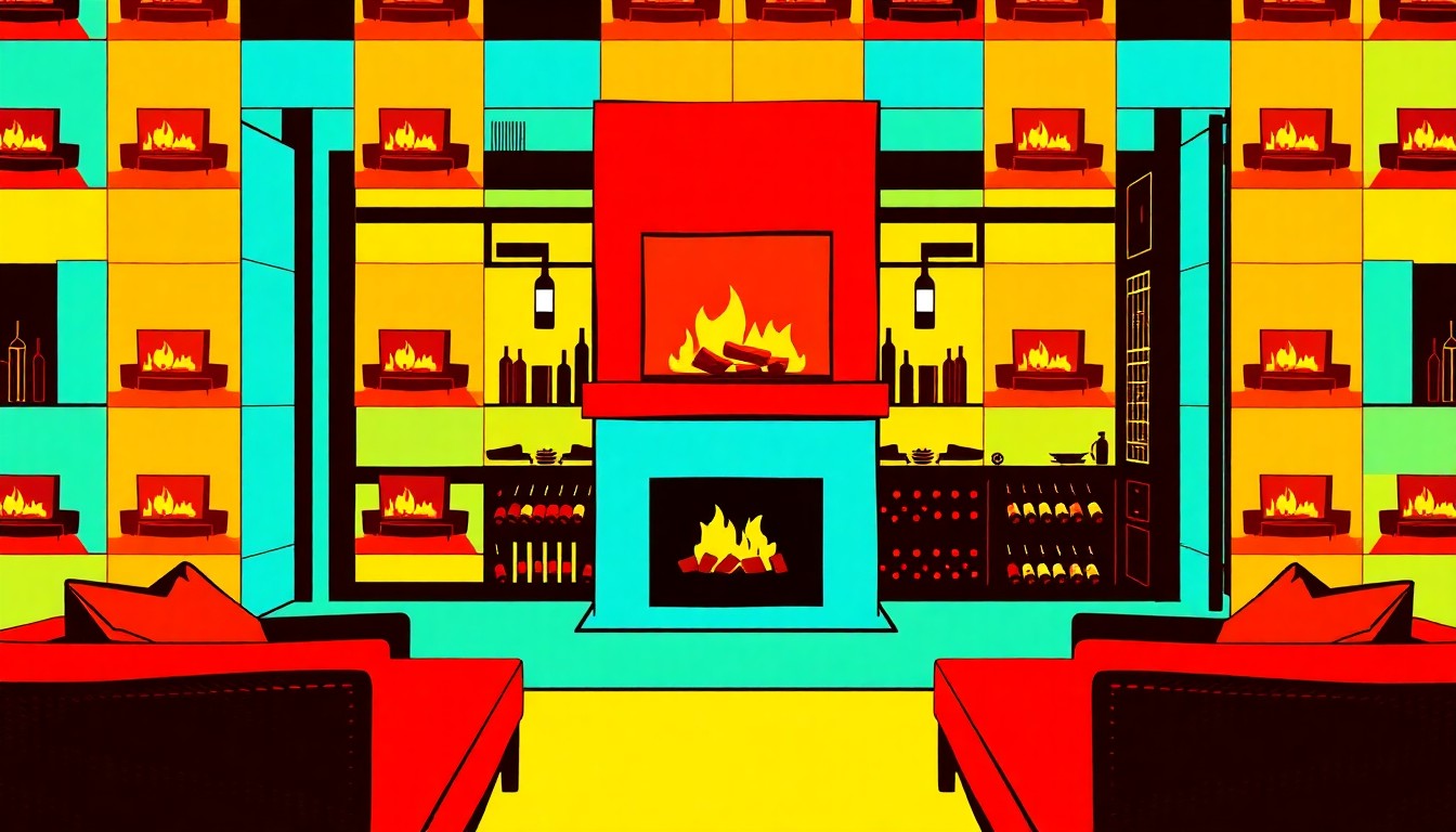 A brightly colored, high-contrast silkscreen-style illustration featuring a repeated pattern of a luxury home's outdoor patio area, rendered in a bold, abstract pop art aesthetic.
