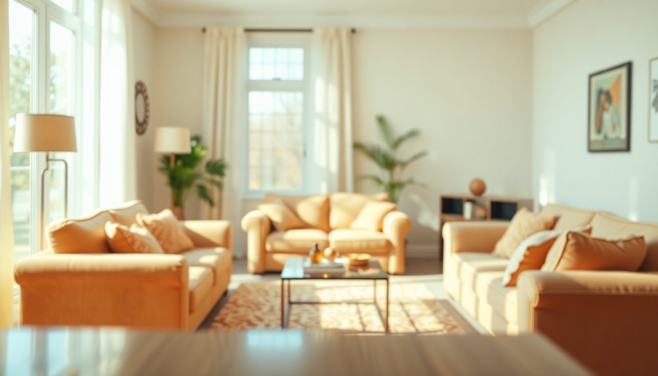 An extremely abstracted, out-of-focus photograph of a warm, sunlit living room with soft, blurred shapes and pools of color, conveying a sense of comfort and relaxation.